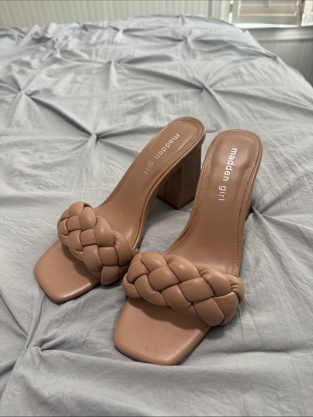 Madden Girl Tan Braided Block Heel Slide Sandals